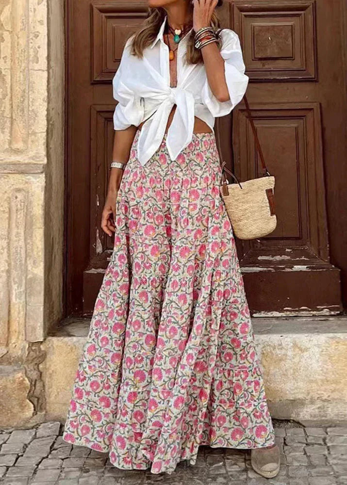 Floral A-line boho chic high waist maxi skirt in pink, flowing front view
