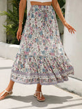 High waist boho lace-up long skirt in blue, full-length front view
