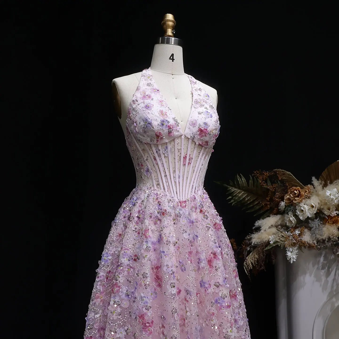 Lila Women's Formal Dress | Floral Embroidery, Halter Neck A-Line 2