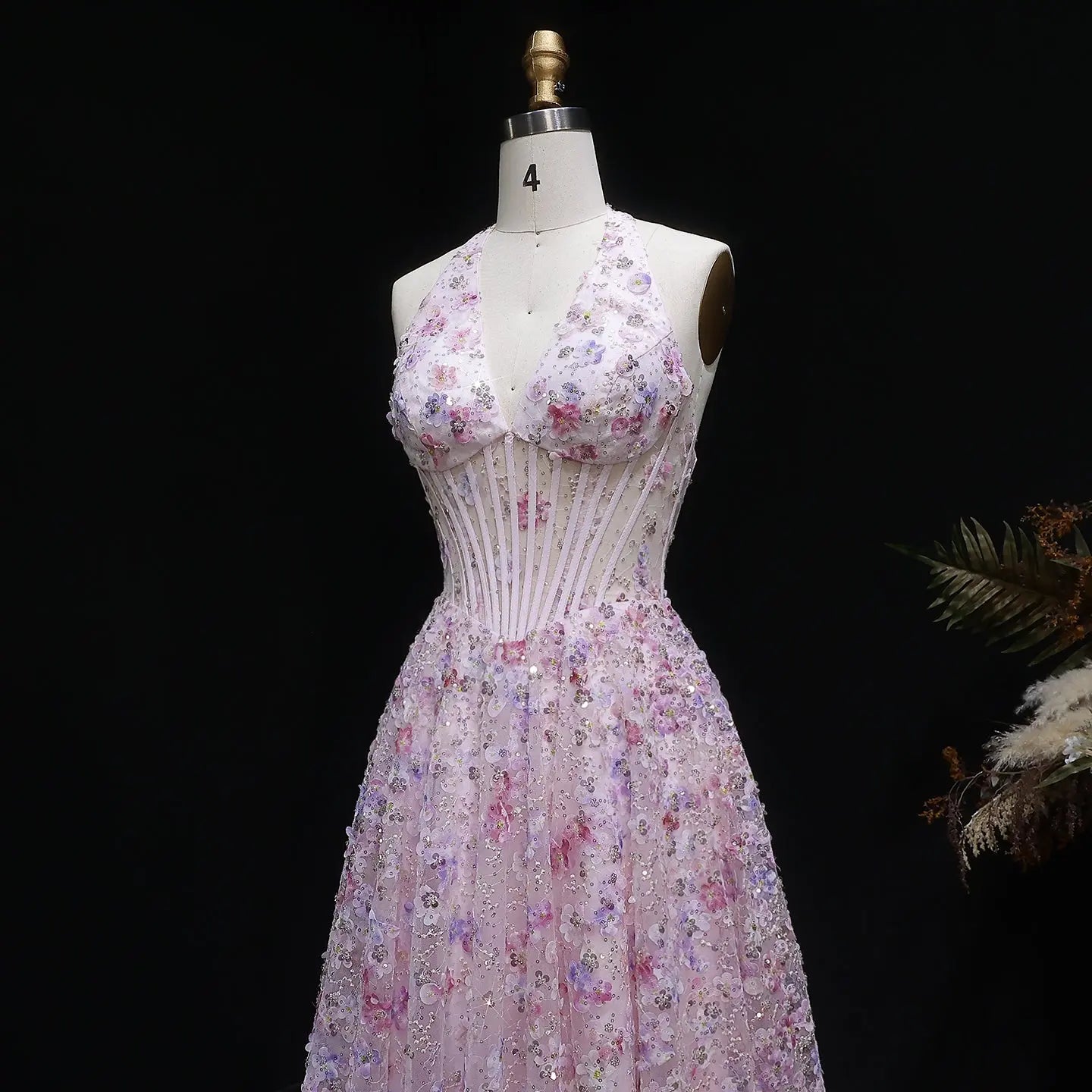 Lila Women's Formal Dress | Floral Embroidery, Halter Neck A-Line 3