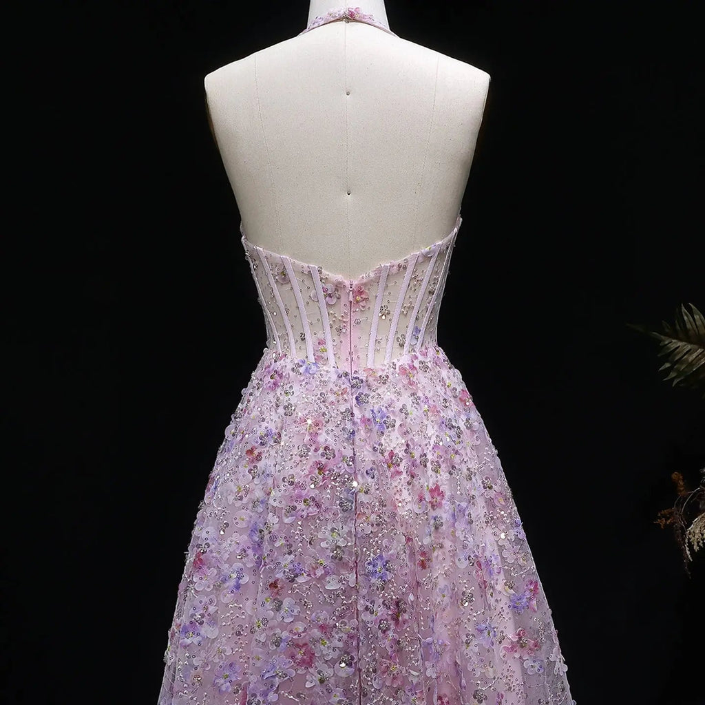 Lila Women's Formal Dress | Floral Embroidery, Halter Neck A-Line 7