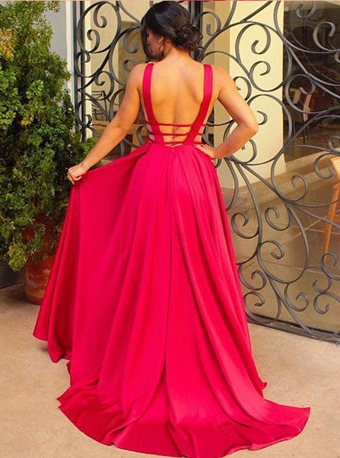 Satin Party Prom Gowns A-Line Backless  Evening Dresses