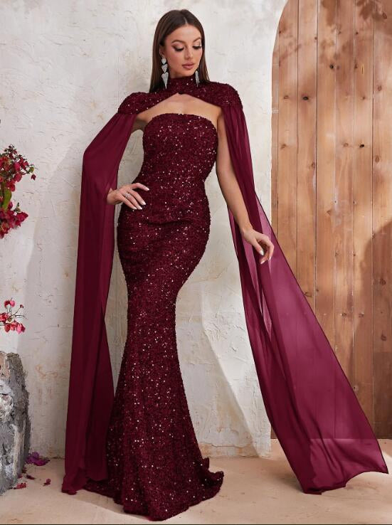 Velvet Burgundy Prom Party Gowns Mermaid Chiffon Cocktail Evening Dresses
