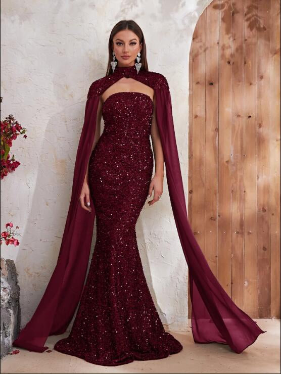 Velvet Burgundy Prom Party Gowns Mermaid Chiffon Cocktail Evening Dresses