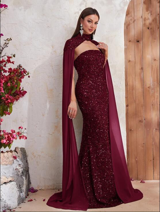 Velvet Burgundy Prom Party Gowns Mermaid Chiffon Cocktail Evening Dresses