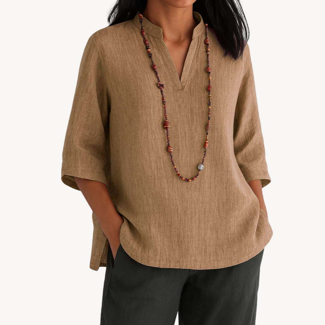 Relaxed linen tunic top in blue, back view