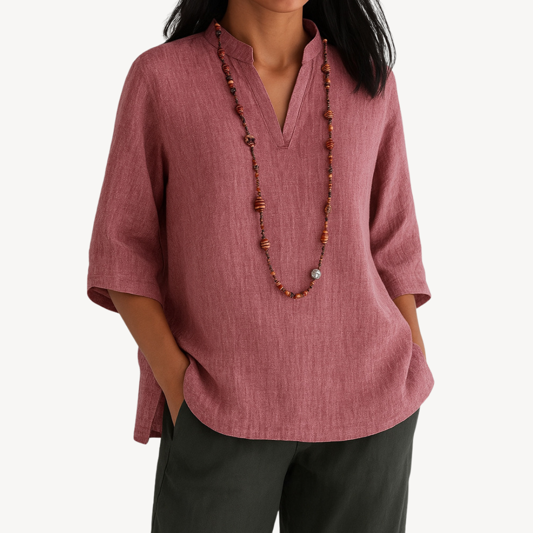 Relaxed linen tunic top in brown, front view