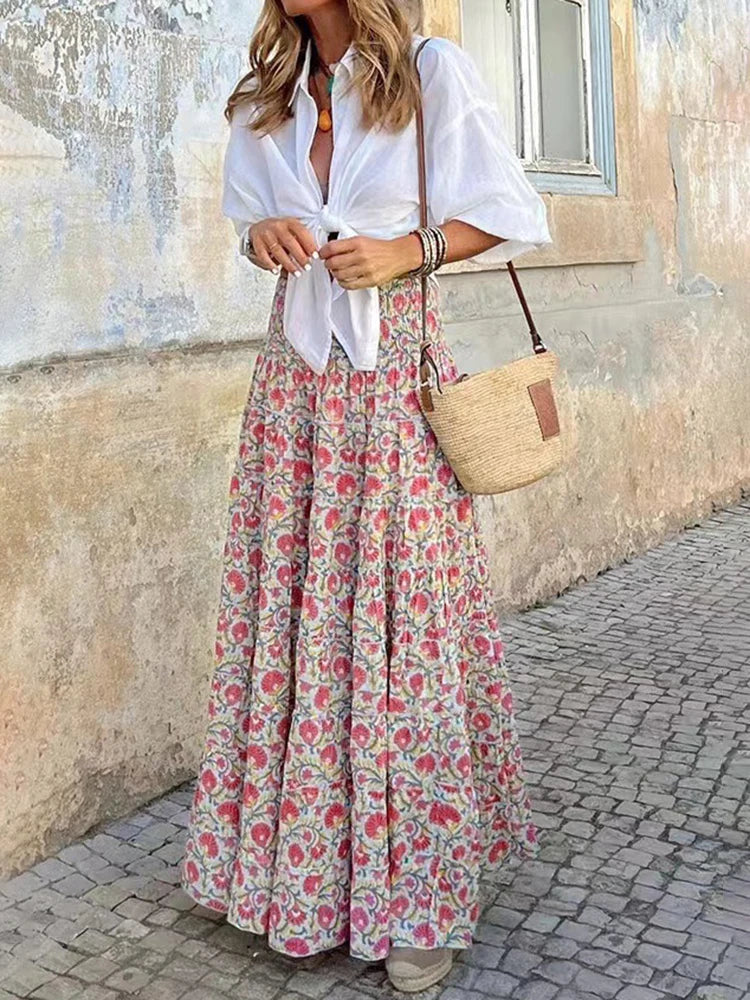 Boho chic high waist maxi skirt showing A-line silhouette, side view