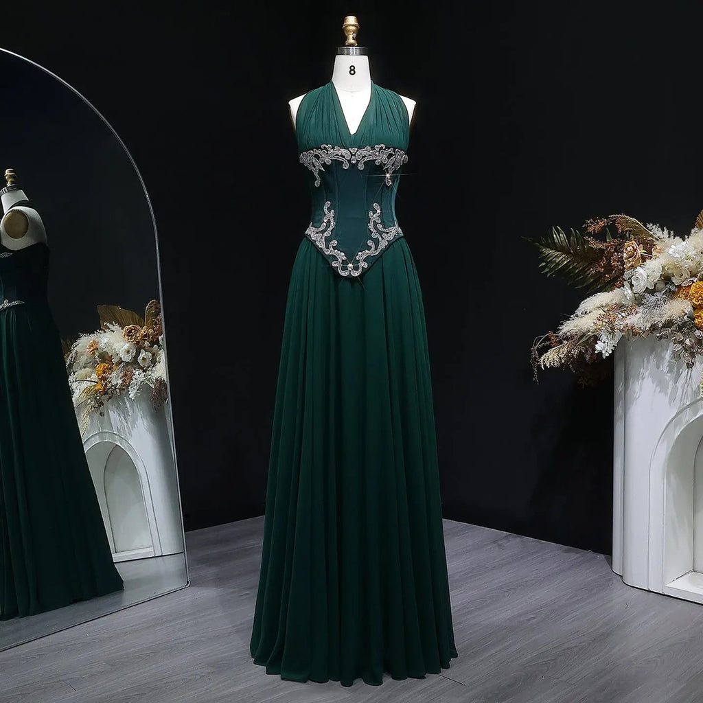 Emerald Green Beaded Embroidered Halter Fitted Prom Dress Front View