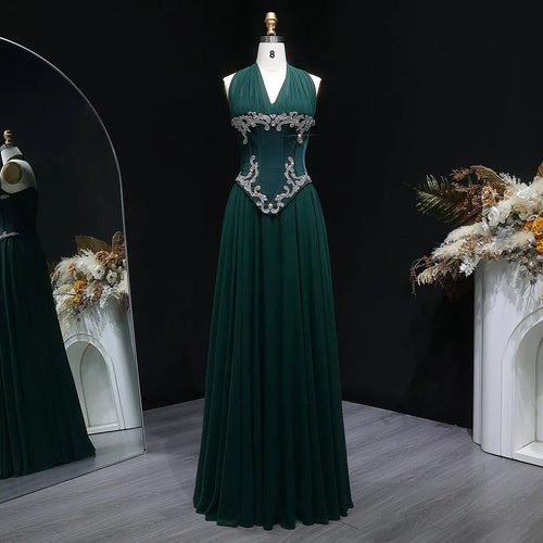 Emerald Green Beaded Embroidered Halter Fitted Prom Dress Front View