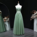 Green Sequin Beaded Strapless A-Line Prom Dress Front View