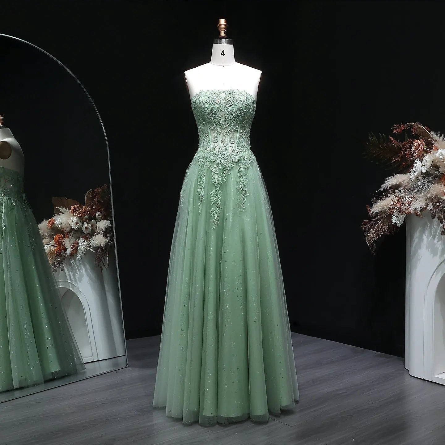 Green Sequin Beaded Strapless A-Line Prom Dress Front View