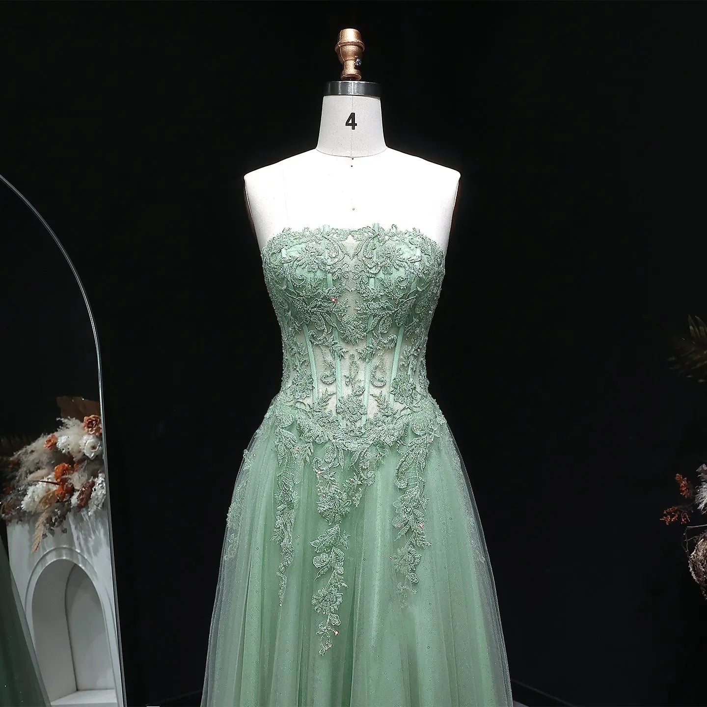 Green Sequin Beaded Strapless A-Line Prom Dress Back View