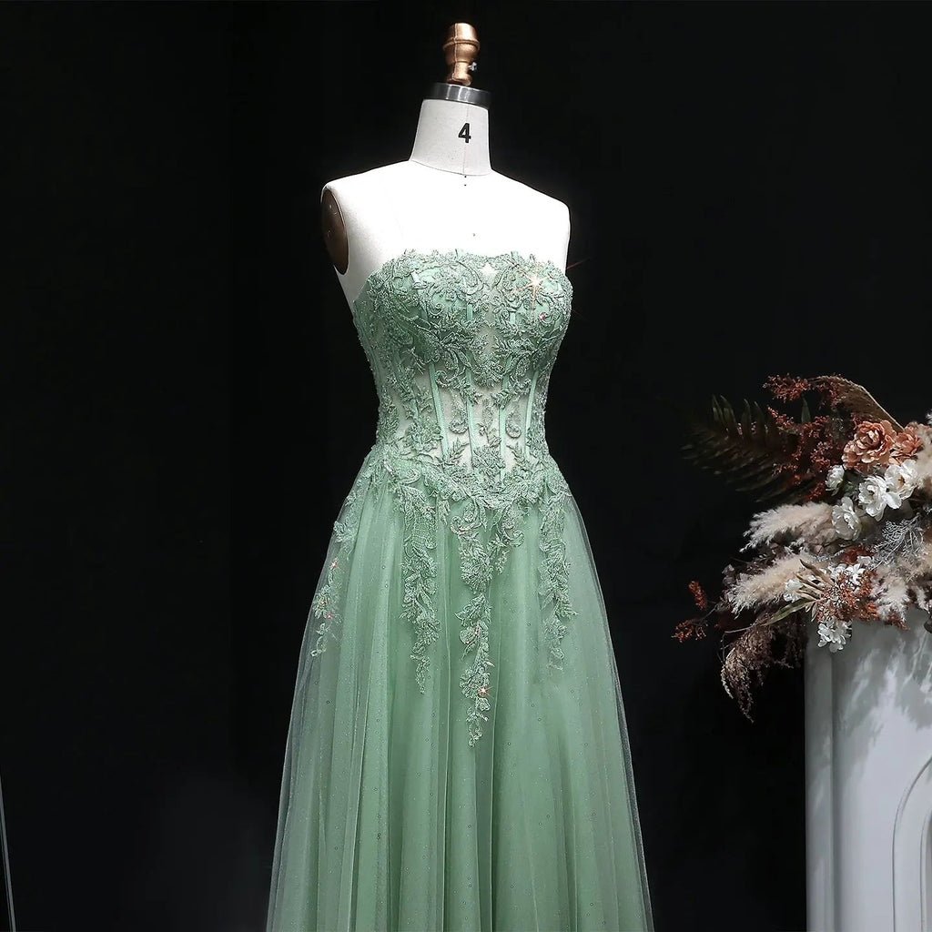 Green Sequin Beaded Strapless A-Line Prom Dress Side View