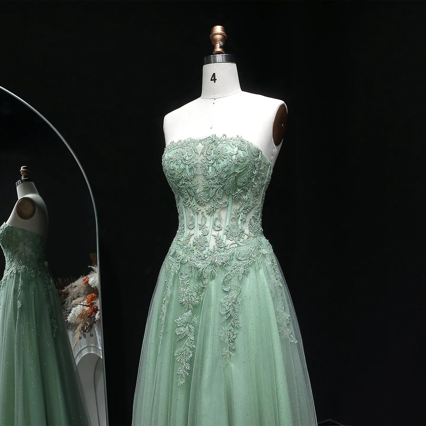 Green Sequin Beaded Strapless A-Line Prom Dress Detail View