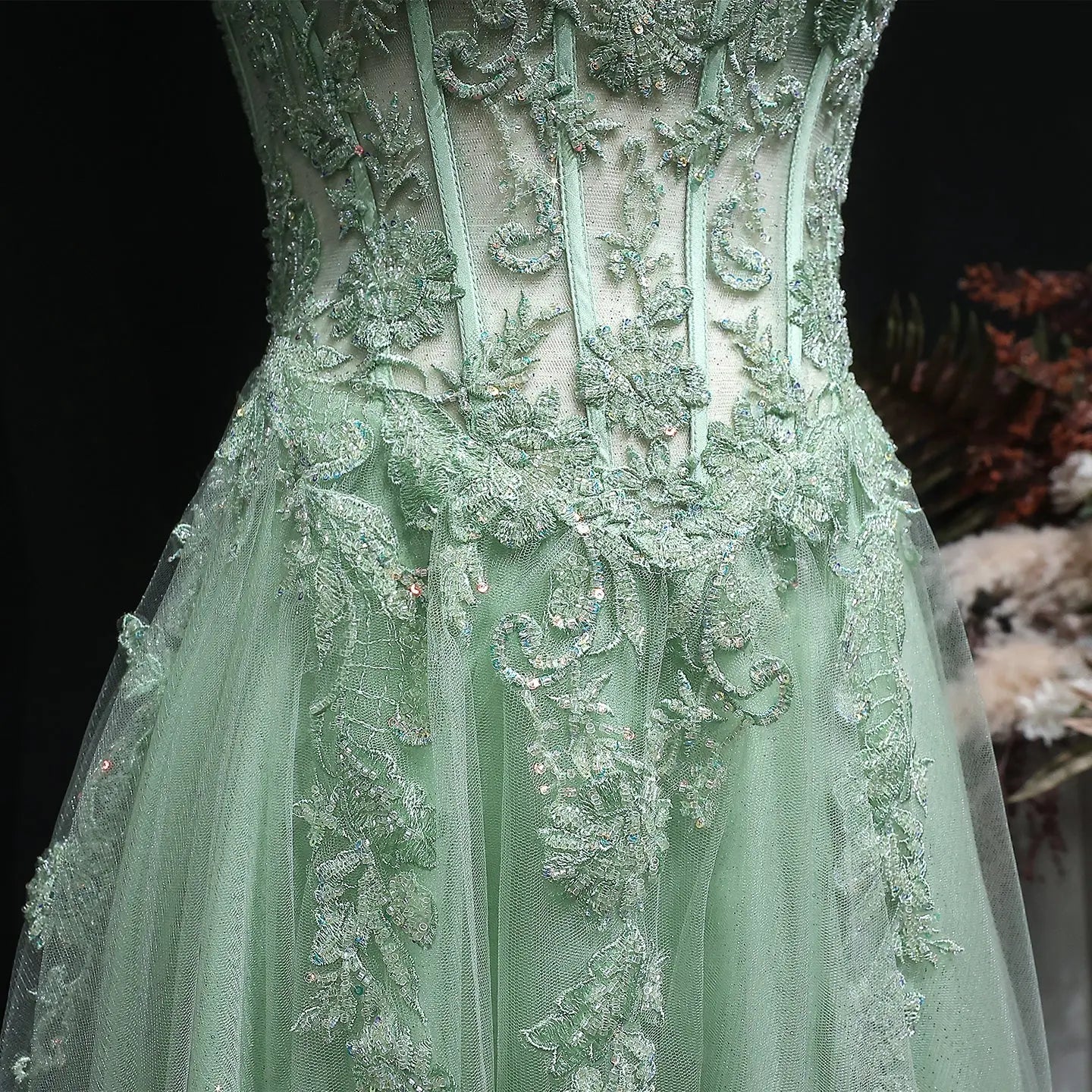 Green Sequin Beaded Strapless A-Line Prom Dress Full Length View