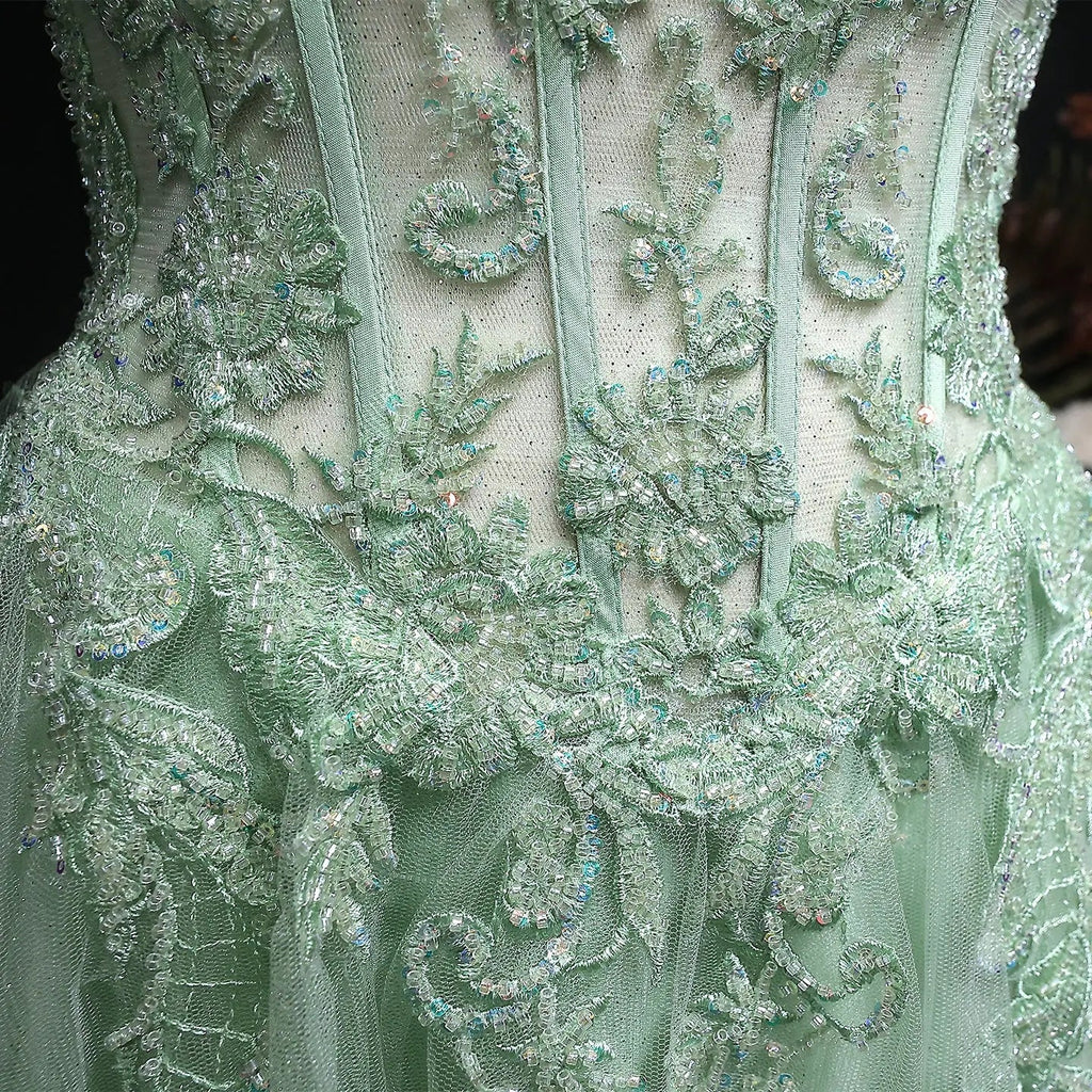 Green Sequin Beaded Strapless A-Line Prom Dress Close-Up View