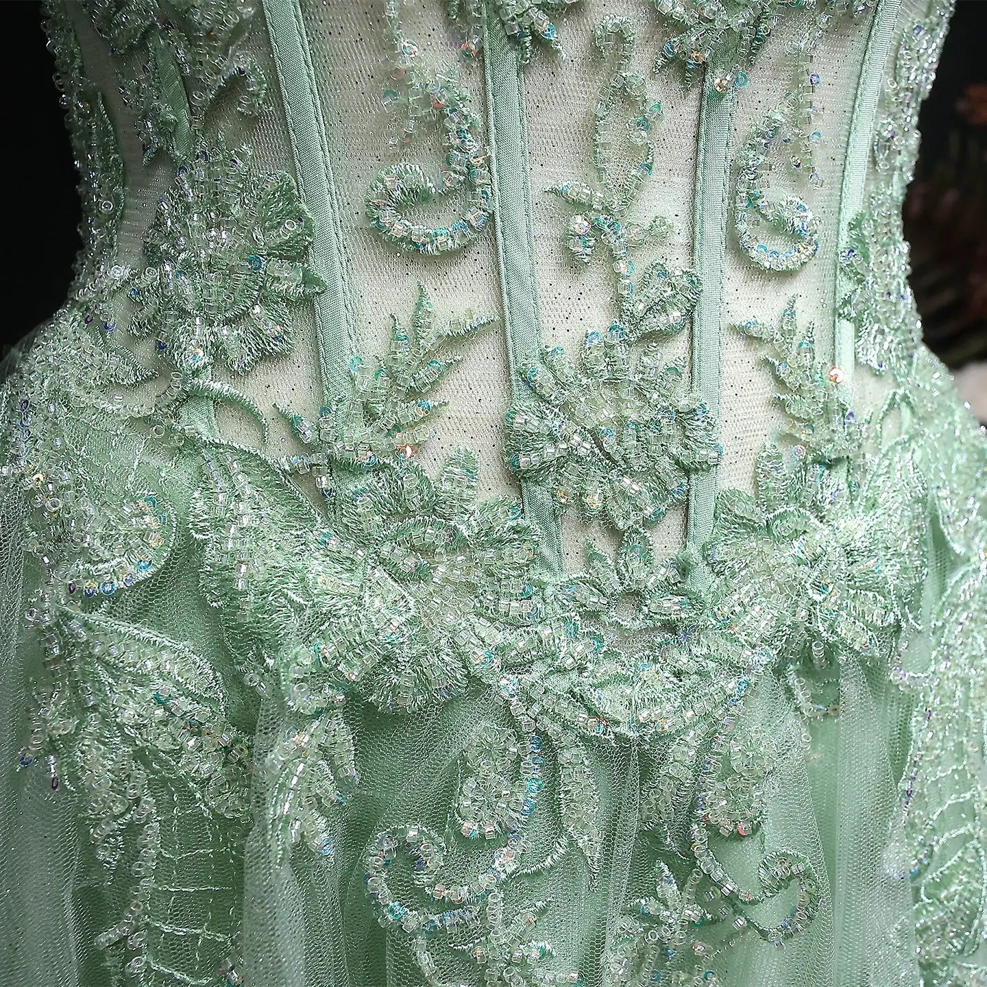 Green Sequin Beaded Strapless A-Line Prom Dress Close-Up View