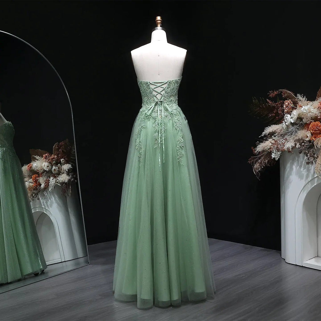 Green Sequin Beaded Strapless A-Line Prom Dress Angle View