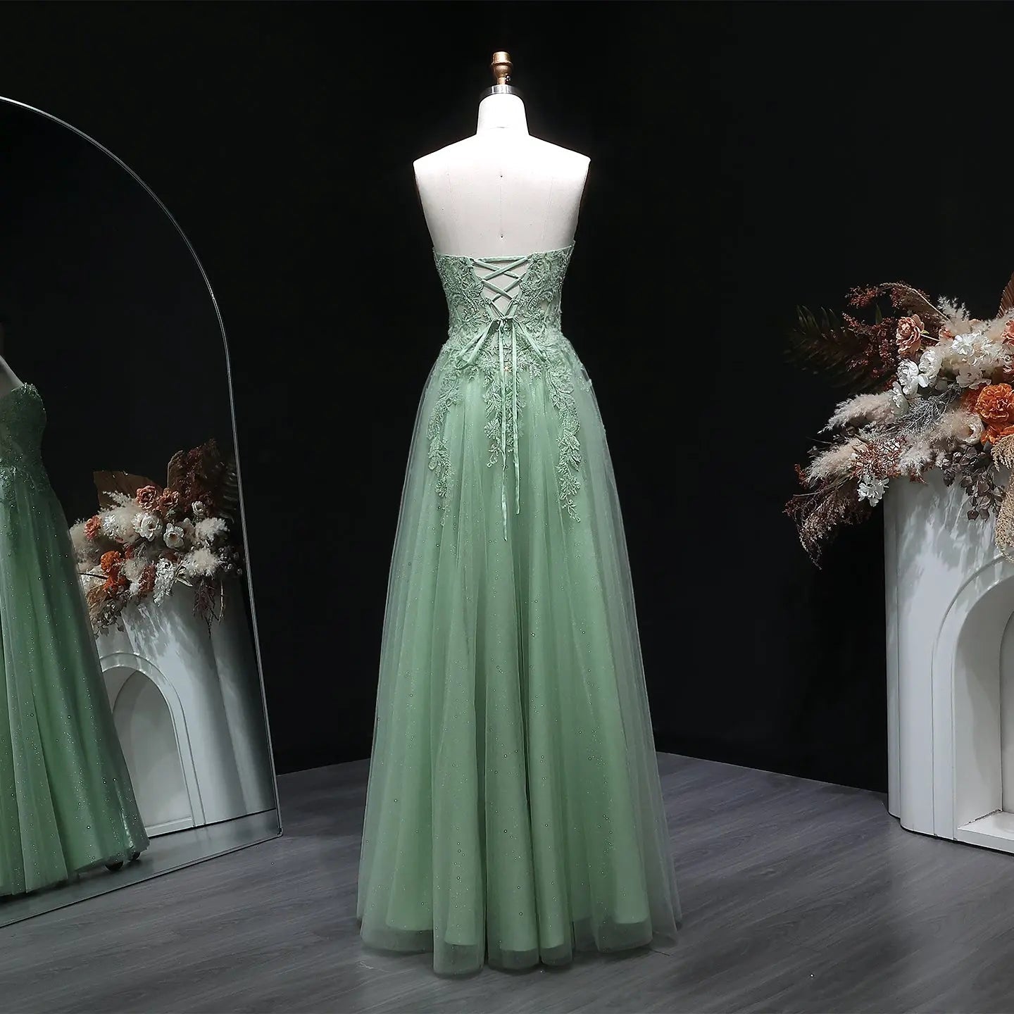 Green Sequin Beaded Strapless A-Line Prom Dress Angle View