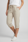 Linen capri trousers with elasticated waist in Khaki, side view