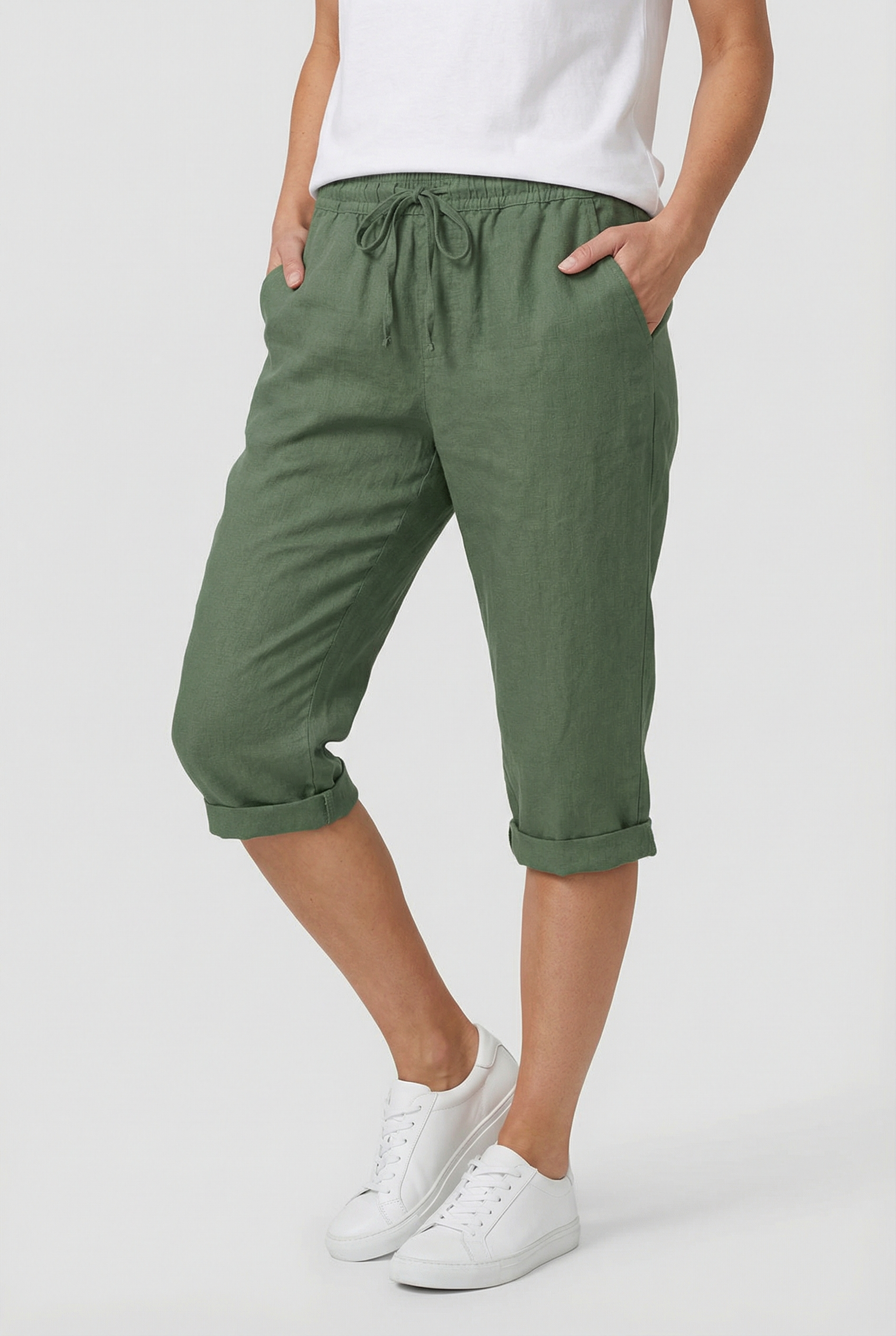 Linen capri trousers with elasticated waist in Army Green, front view
