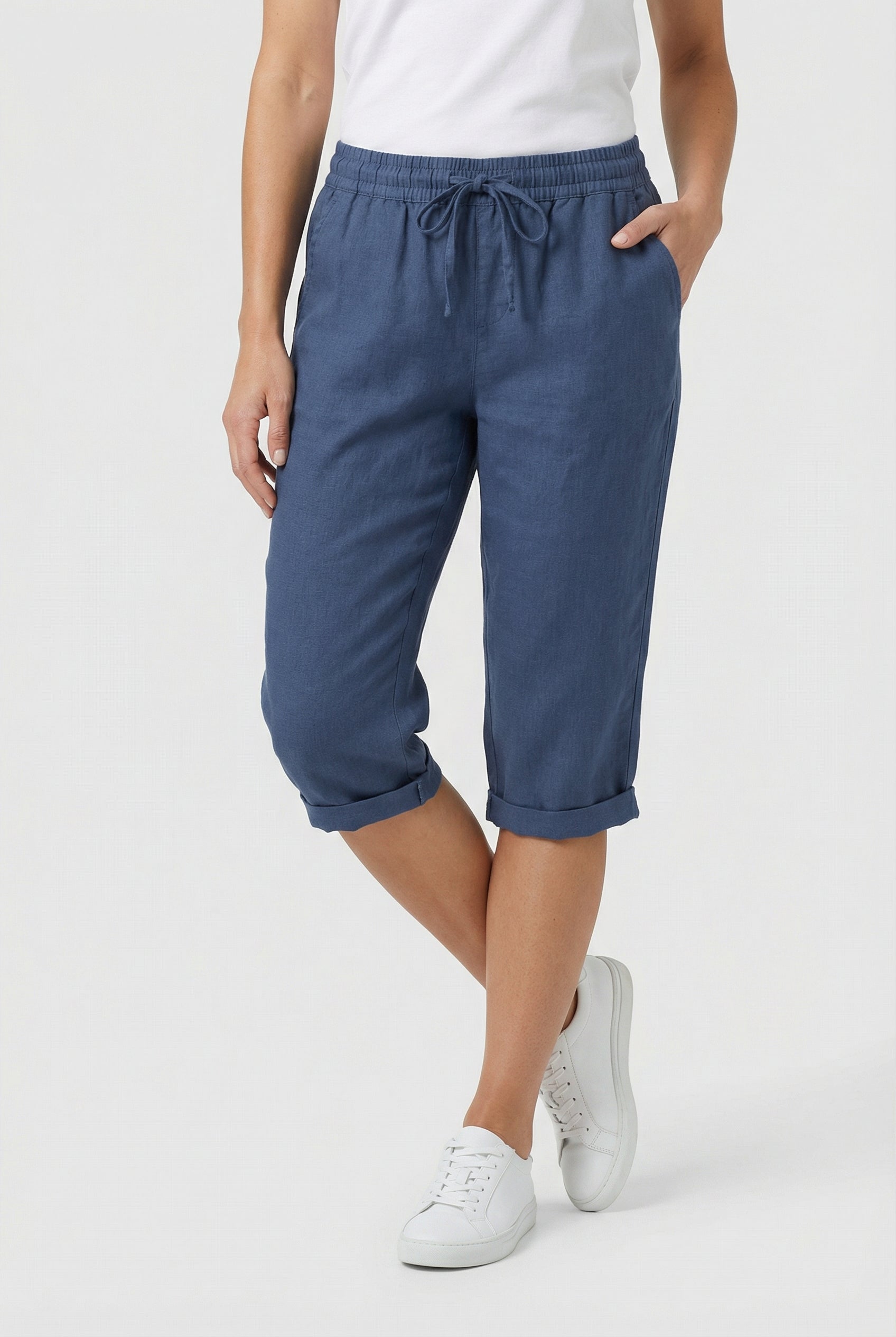 Linen capri trousers with elasticated waist in Navy, front view