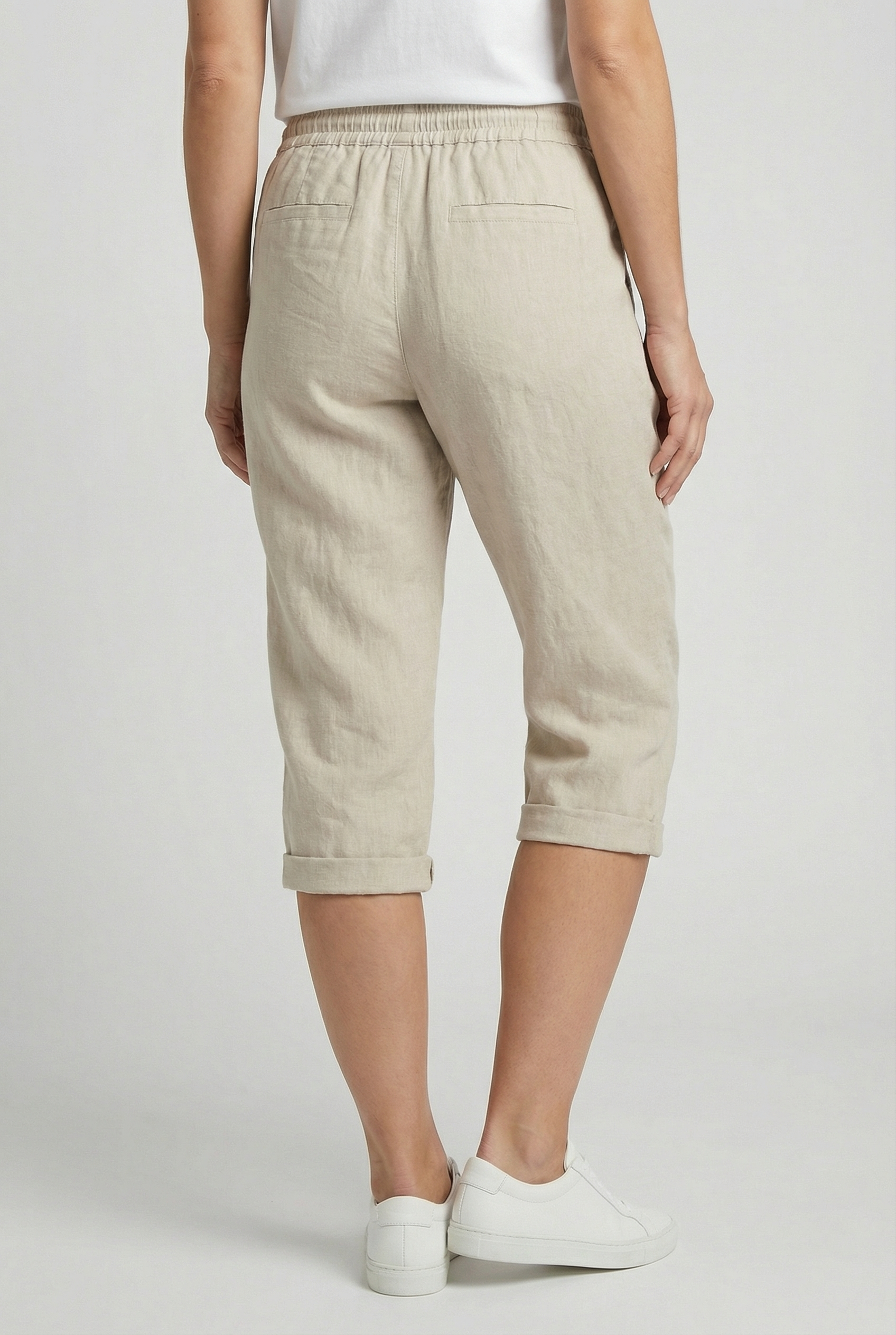 Linen capri trousers with elasticated waist in Khaki, back view