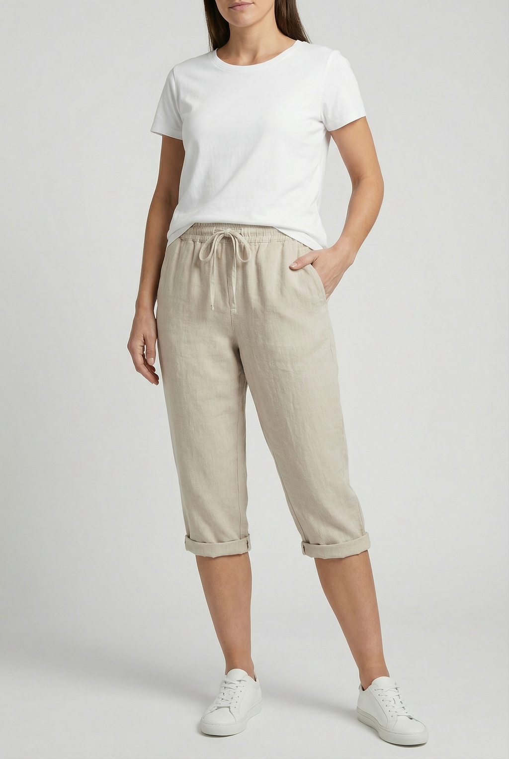 Linen capri trousers with elasticated waist in Khaki, front view