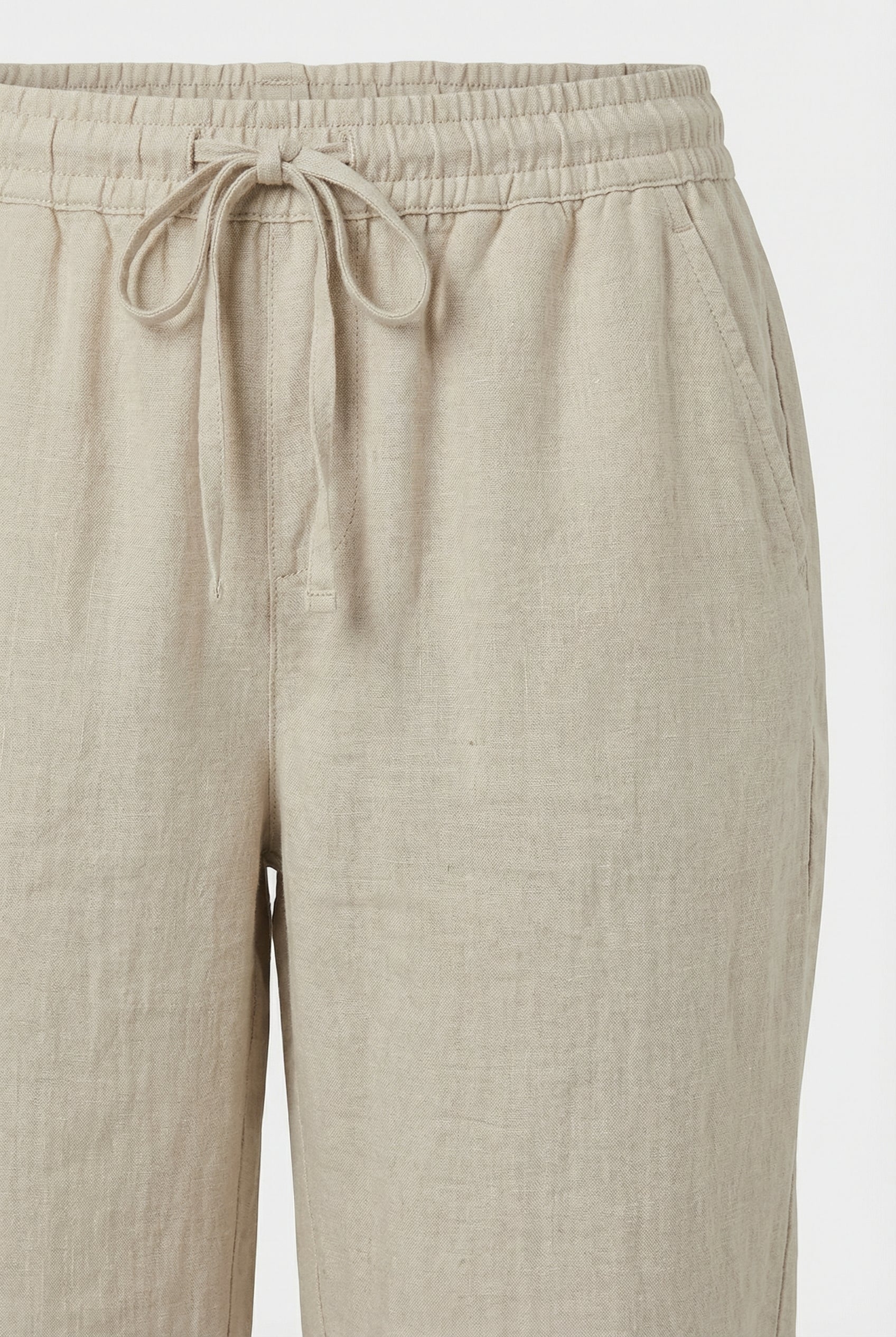 Linen capri trousers with elasticated waist, waistband detail