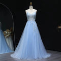 Light Blue Beaded Embroidered Spaghetti Strap Prom Dress Front View