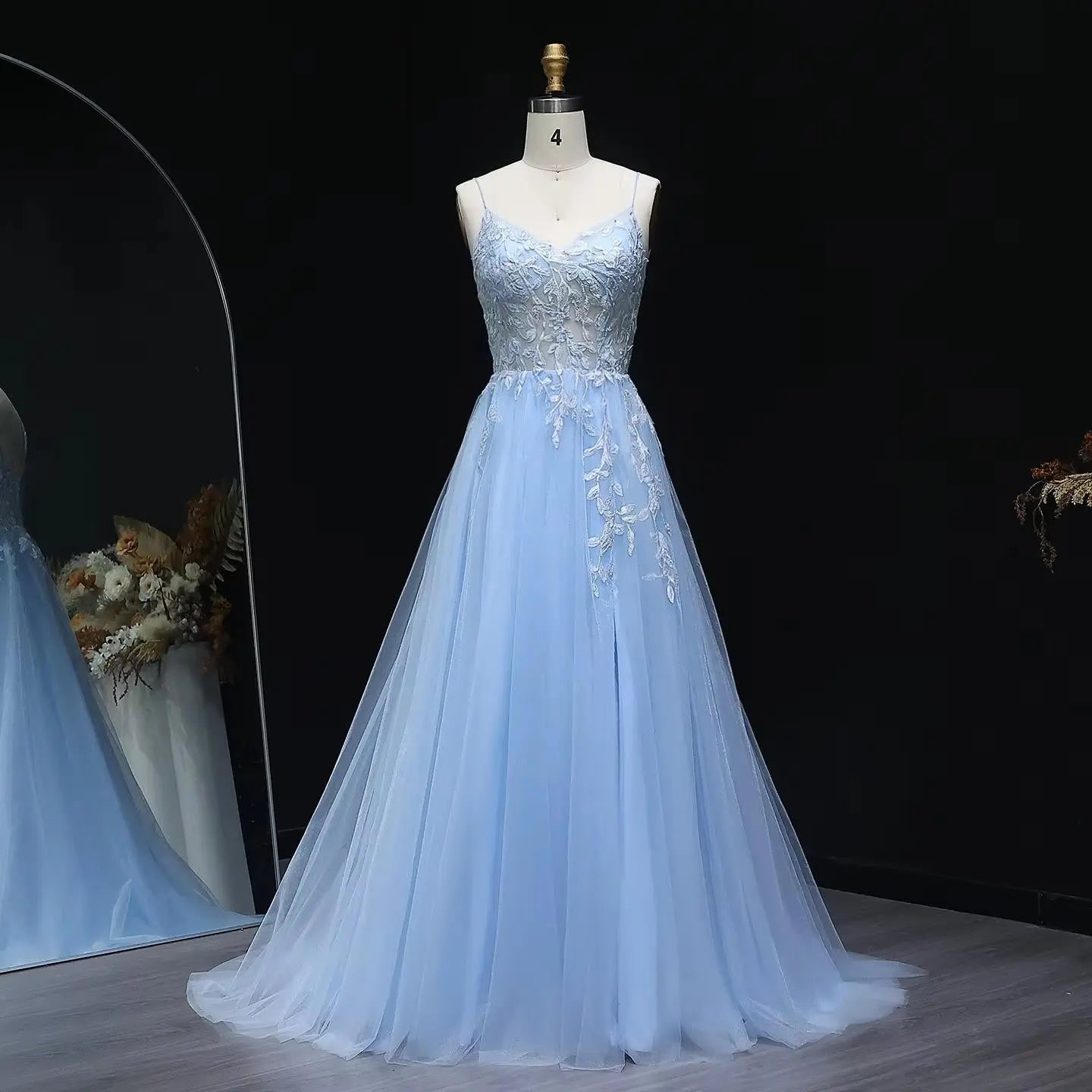 Light Blue Beaded Embroidered Spaghetti Strap Prom Dress Front View