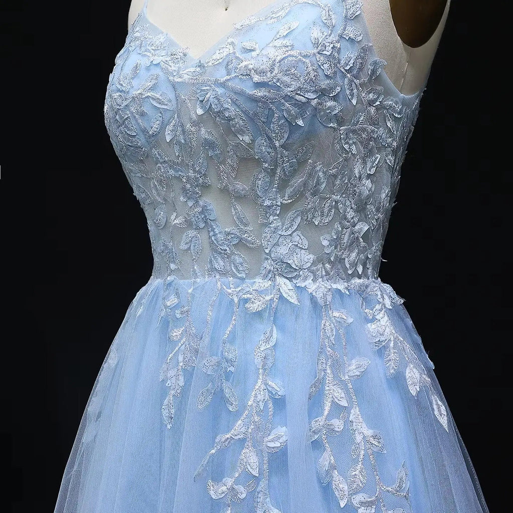 Light Blue Beaded Embroidered Spaghetti Strap Prom Dress Back View