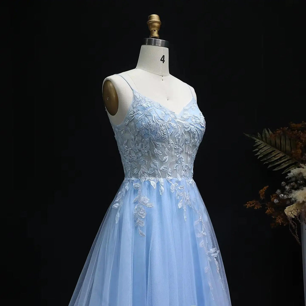 Light Blue Beaded Embroidered Spaghetti Strap Prom Dress Side View