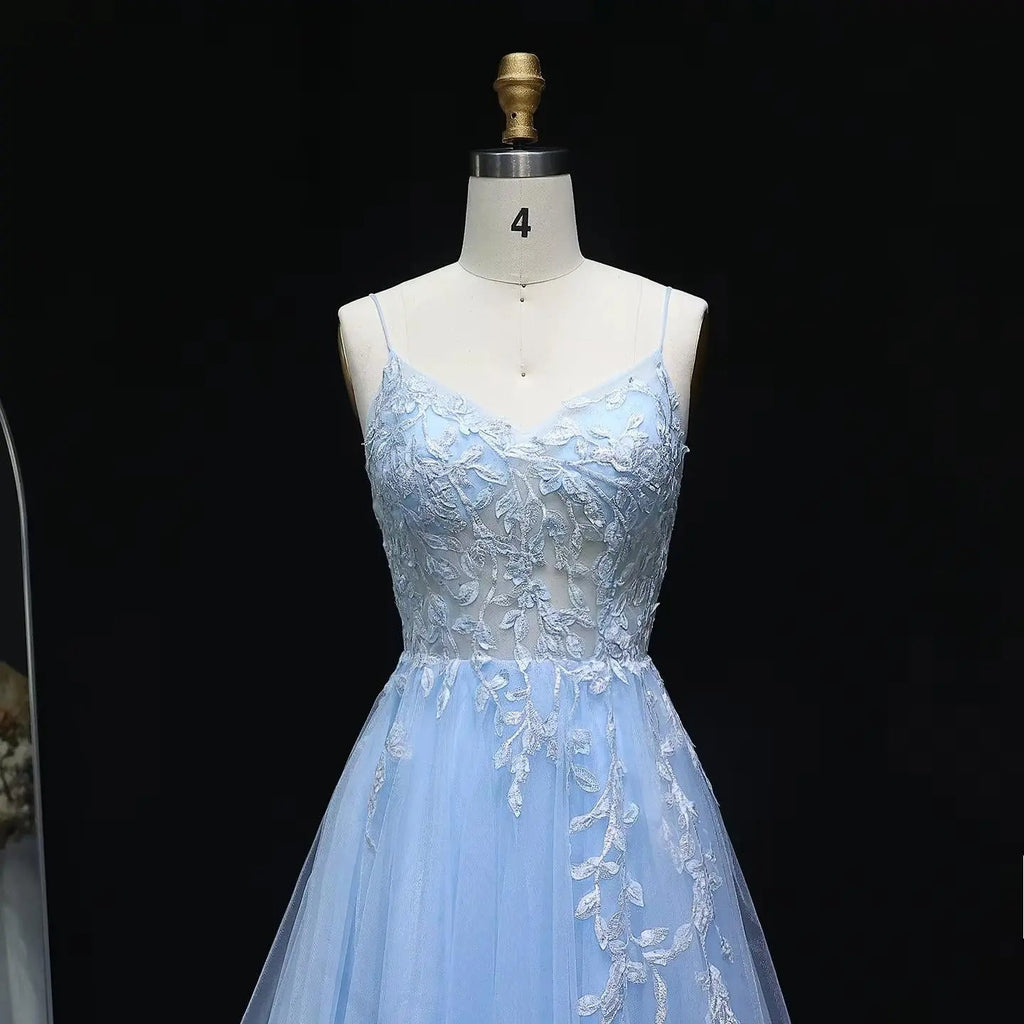 Light Blue Beaded Embroidered Spaghetti Strap Prom Dress Detail View