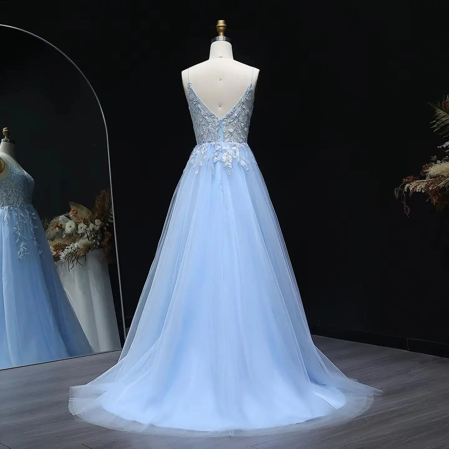 Light Blue Beaded Embroidered Spaghetti Strap Prom Dress Full Length View