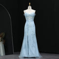 Light Blue Embroidered Spaghetti Strap High-Slit Prom Dress Front View