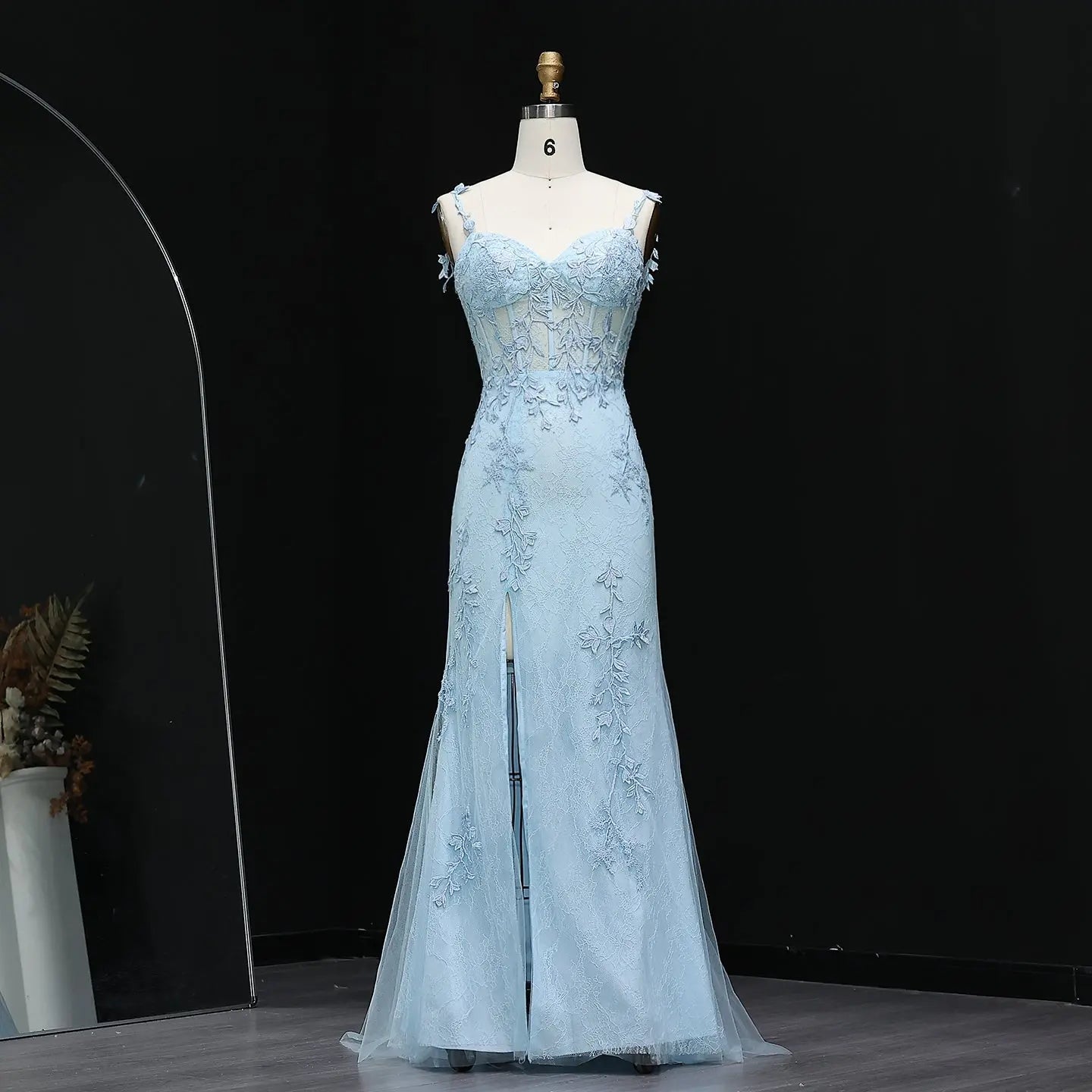 Light Blue Embroidered Spaghetti Strap High-Slit Prom Dress Front View