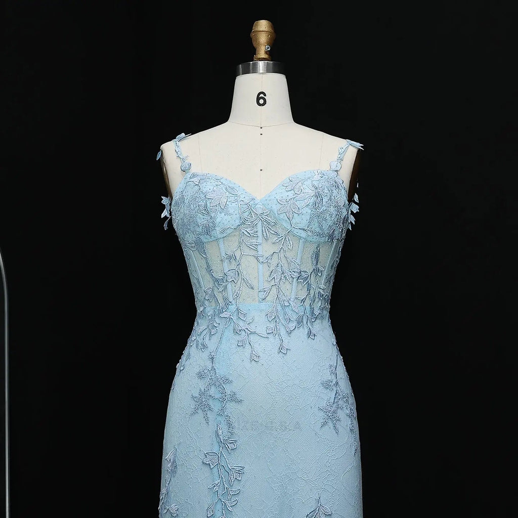 Light Blue Embroidered Spaghetti Strap High-Slit Prom Dress Back View