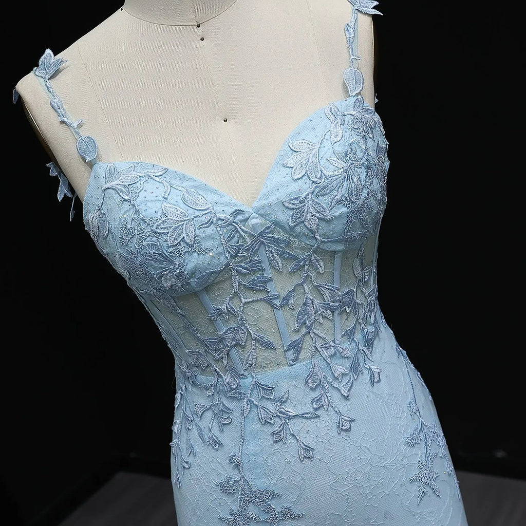 Light Blue Embroidered Spaghetti Strap High-Slit Prom Dress Side View