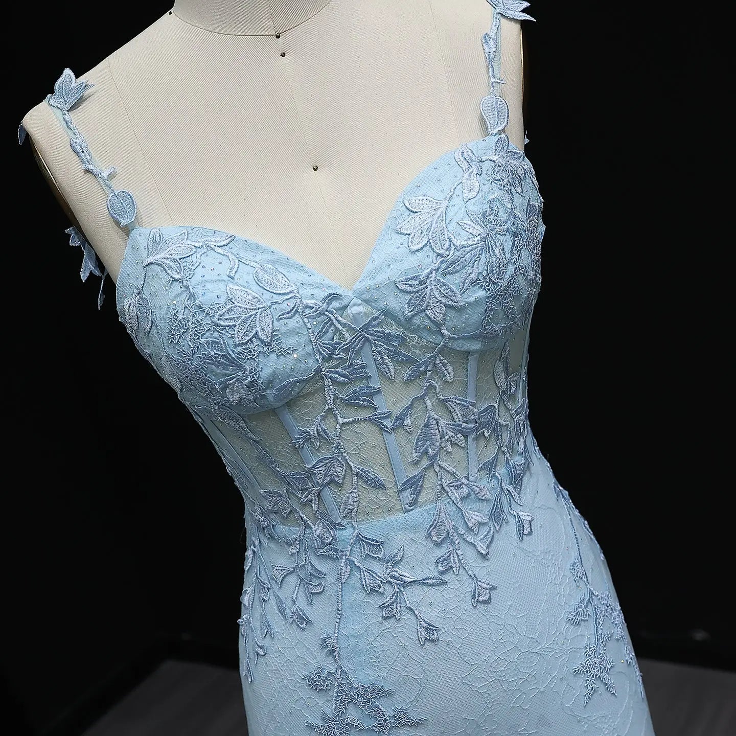 Light Blue Embroidered Spaghetti Strap High-Slit Prom Dress Side View