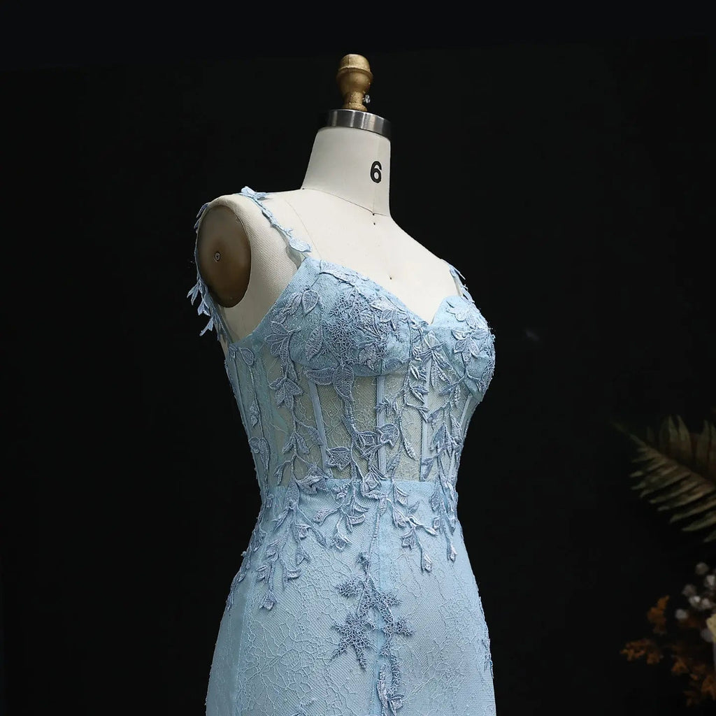 Light Blue Embroidered Spaghetti Strap High-Slit Prom Dress Detail View
