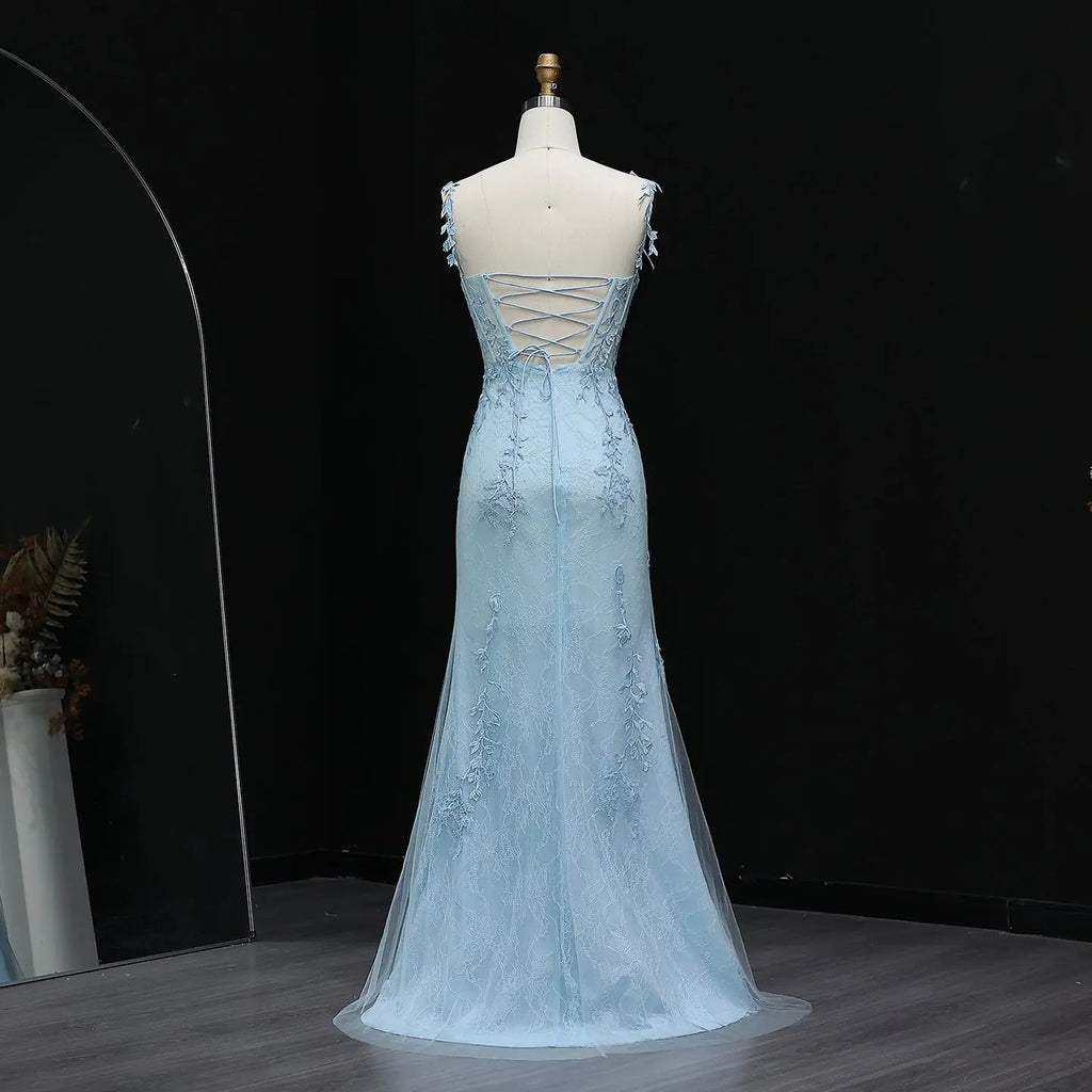 Light Blue Embroidered Spaghetti Strap High-Slit Prom Dress Full Length View
