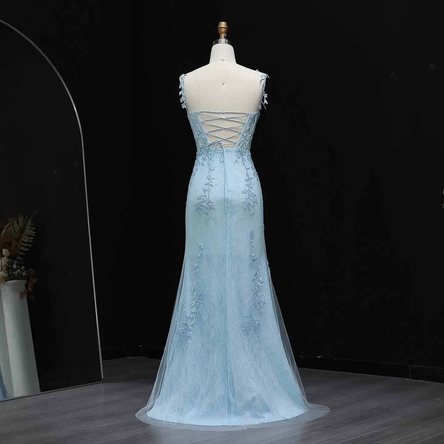 Light Blue Embroidered Spaghetti Strap High-Slit Prom Dress Full Length View