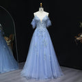 Light Blue Feather Off-Shoulder Embroidered Prom Dress Front View
