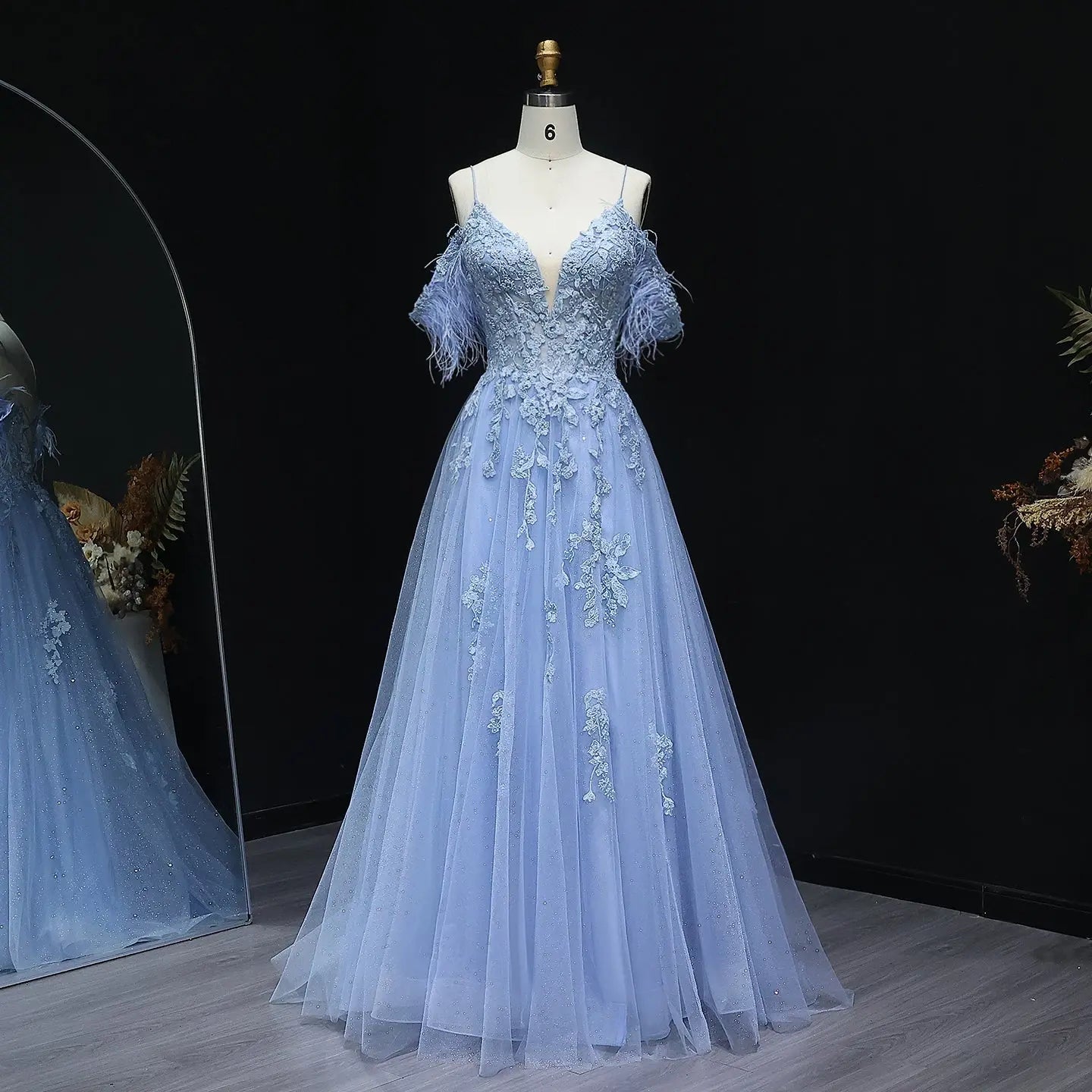 Light Blue Feather Off-Shoulder Embroidered Prom Dress Front View