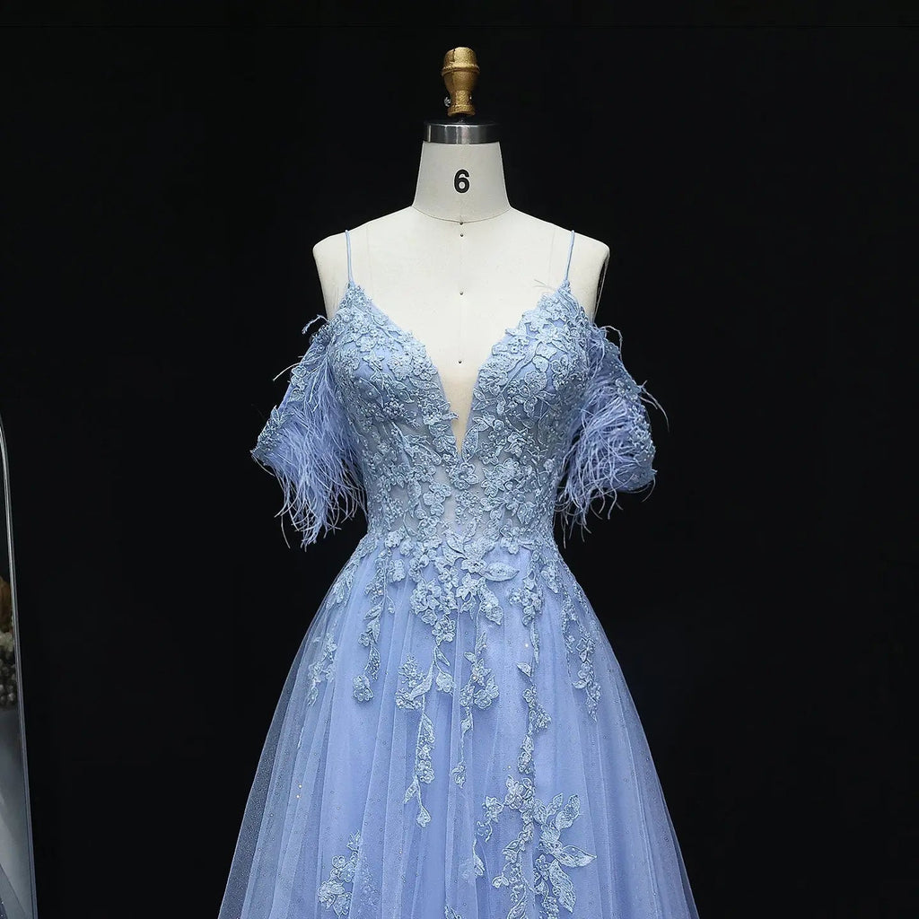 Light Blue Feather Off-Shoulder Embroidered Prom Dress Back View