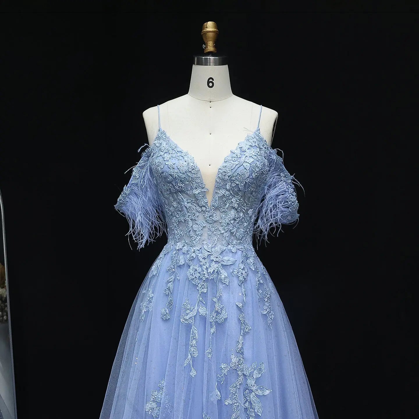 Light Blue Feather Off-Shoulder Embroidered Prom Dress Back View