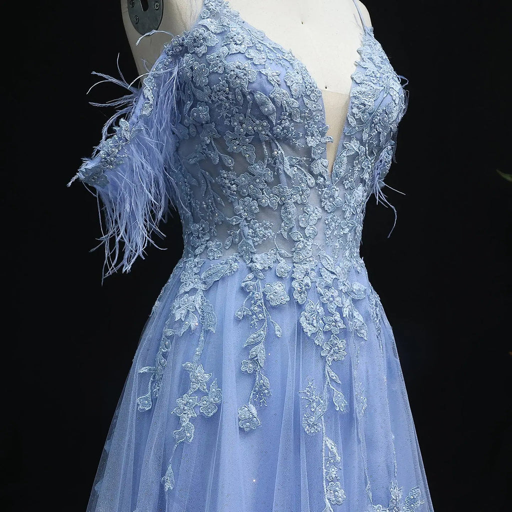 Light Blue Feather Off-Shoulder Embroidered Prom Dress Side View