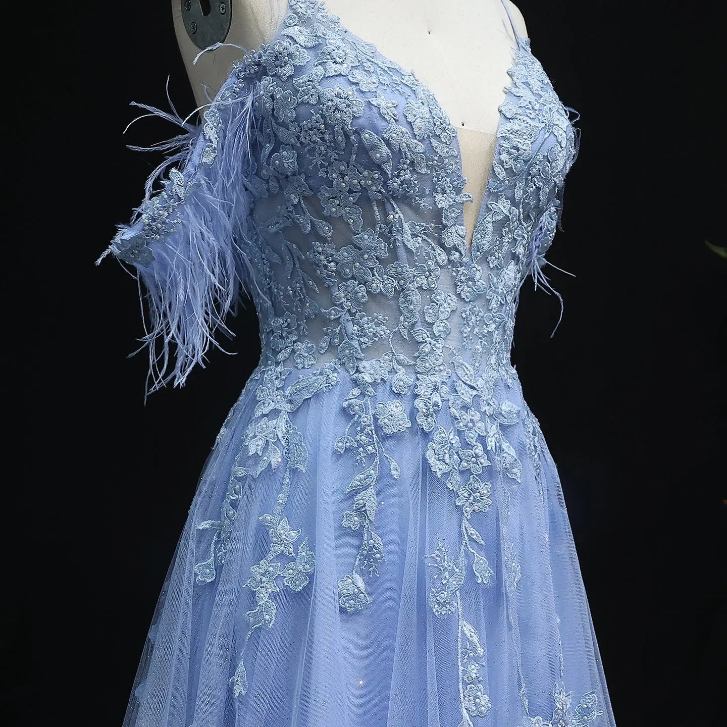 Light Blue Feather Off-Shoulder Embroidered Prom Dress Side View